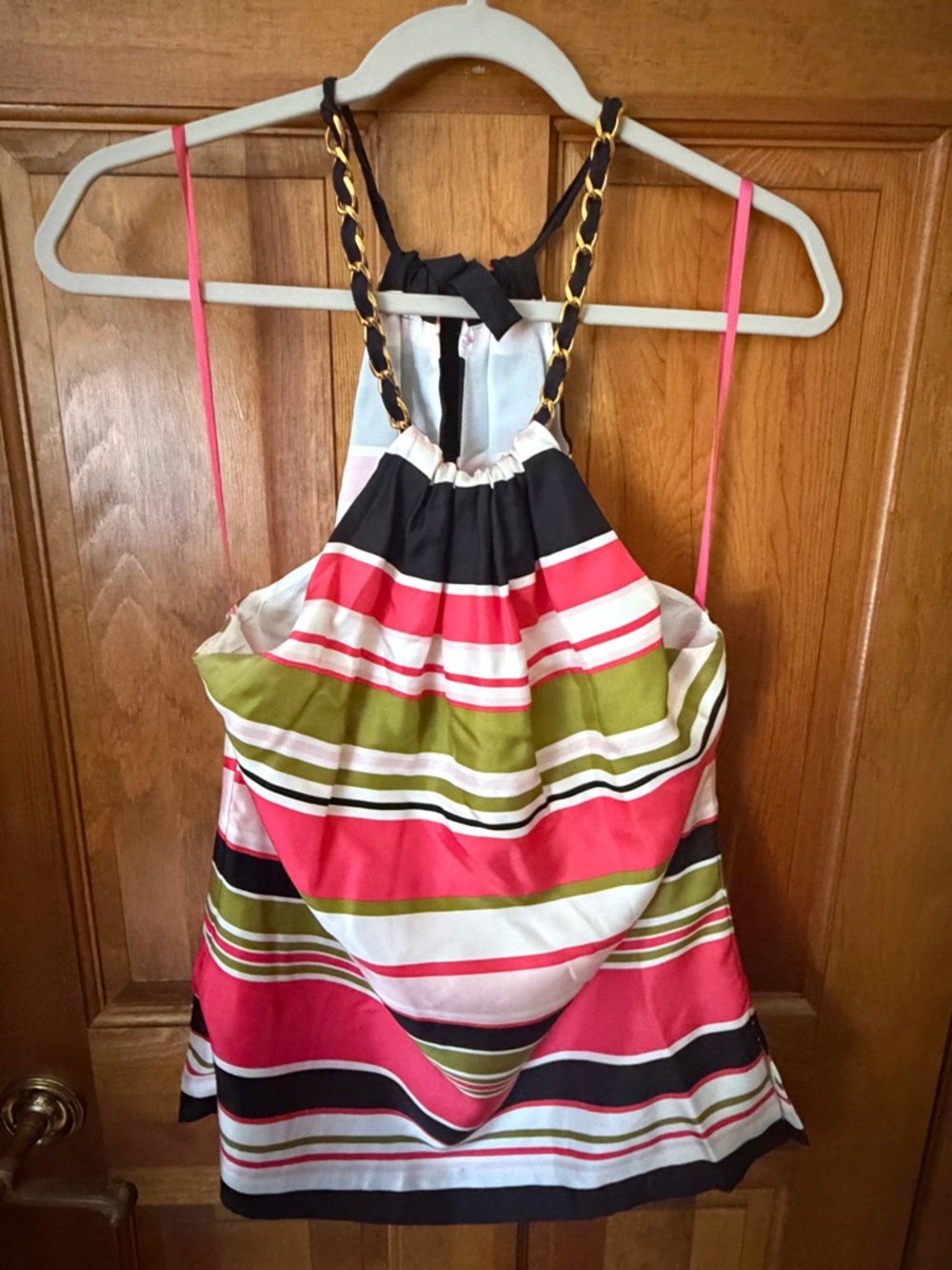 Milly NY Silk Halter Top Gold Chain Strap Striped Size 10 Resort Chic